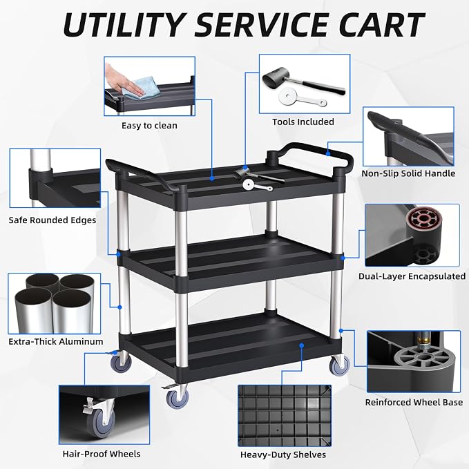 Utility Cart with Tangle-Free Wheels, 3 Tier Rolling Cart with Wheels(2 with Brakes), Heavy Duty 350 Lbs Capacity,Commercial Serving Cart for Home, Office, Restaurant, Warehouse.34 L x 17" W x 38" H