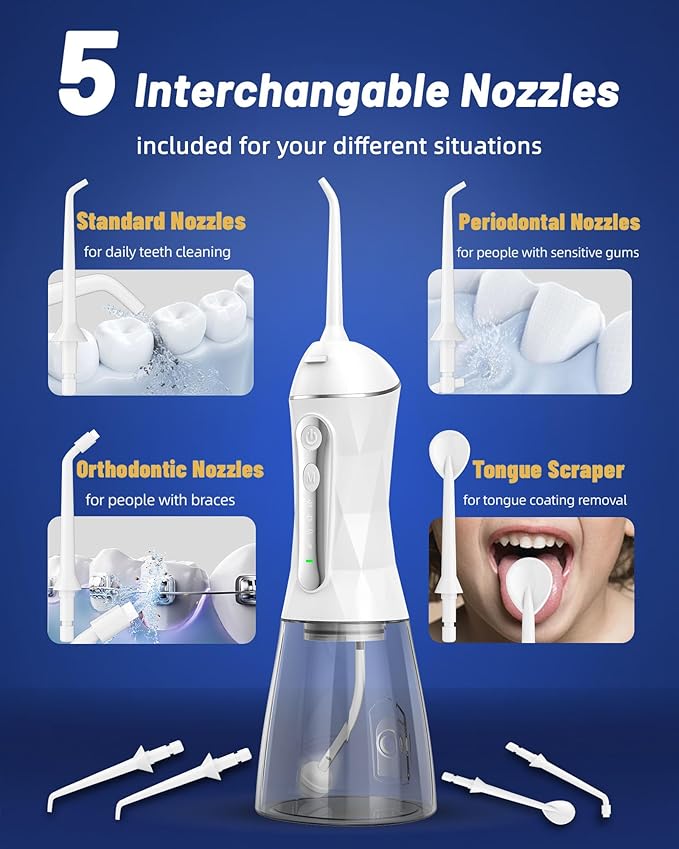 Electric Water Dental Flosser - Cordless Portable Teeth Cleaner, Rechargeable 320ML Larger Water Tank Oral Irrigator, 4 Modes with 5 Jet Tips and Travel Bag, IPX7 Waterproof (White)