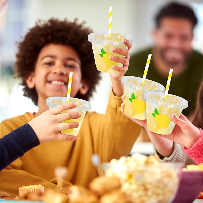 Whaline 100 Pcs Lemon Disposable Plastic Cups with Lids and Straws, 9 Oz | Yellow Lemon, Fruit Theme, Cold Beverage Drinking Cups, for Party Iced Coffee Smoothie Juice Tea