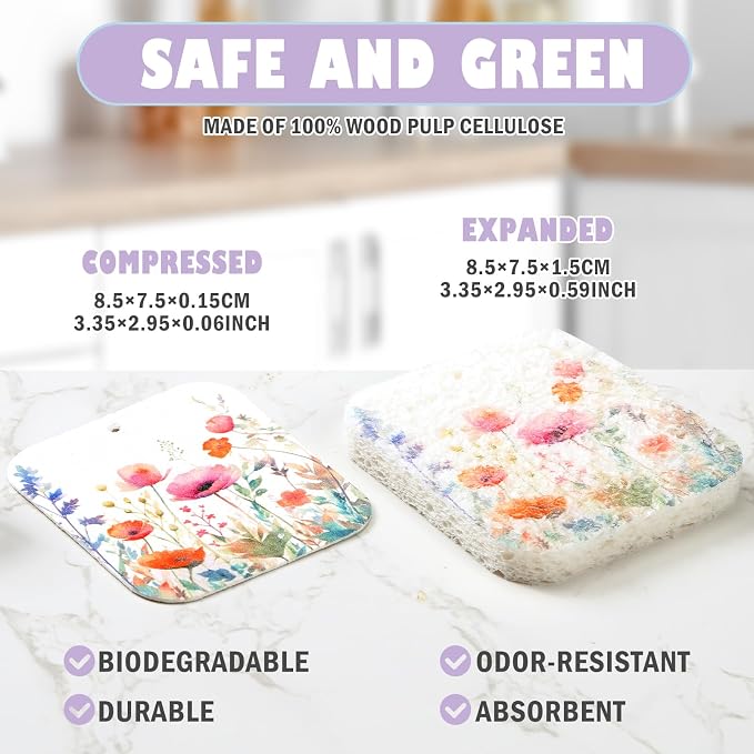 Hahafelt 36 Counts Compressed Cellulose Sponges Bulk Cute Wildflower Pop up Sponges Natural Compostable Non Scratch Dish Kitchen Gifts for Washing Dishes, Travel Cleaning Countertop Sink