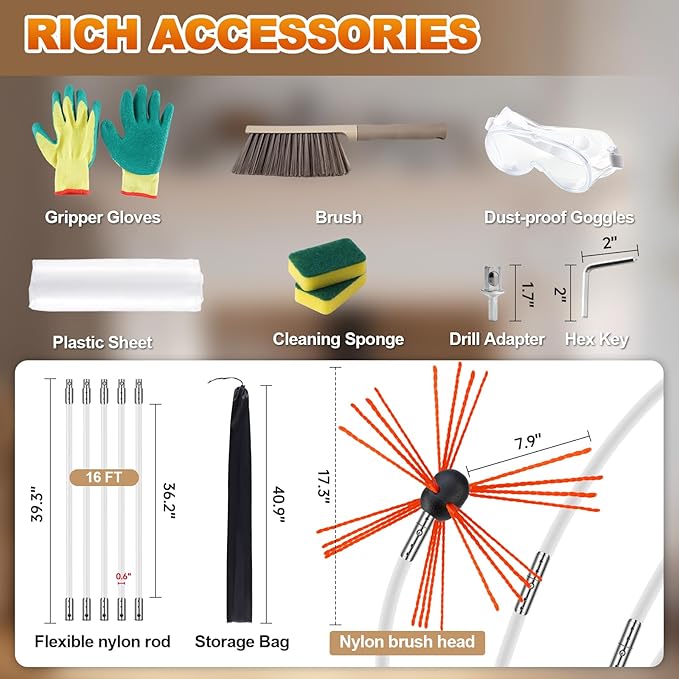 Bluesea 16 Feet Chimney Sweep Kit, Ergonomic Chimney Cleaning System with Strong Brush, Extends Up to 16 Feet, Includes 5 Flexible Chimney Rods