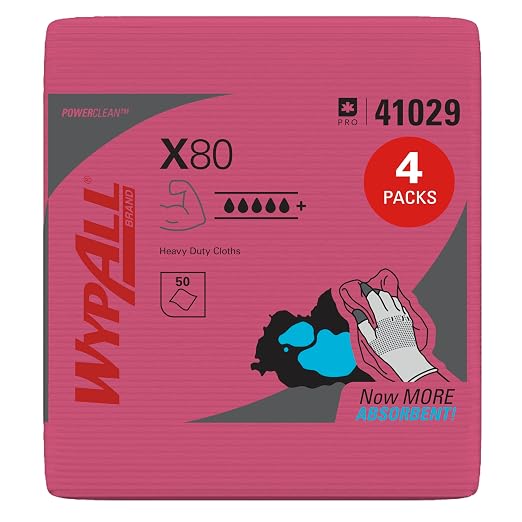 WypAll PowerClean X80 Cloths Heavy Duty Wipes (41029), Quarterfold, Extended Use Towels, Red (4 Packs of 50 Sheets, 200 Sheet Total)