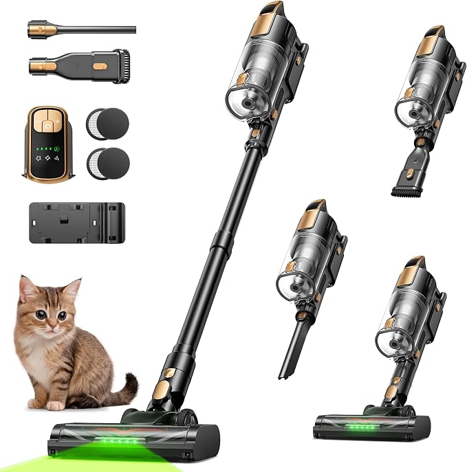 Cordless Vacuum Cleaner, 550W 45KPa 50Mins Vacuum Cleaners for Home, Powerful Stick Vacuum with Green LED Lights, Self-Standing & Anti-Tangle, Lightweight Vacuum for Pet Hair/Carpet/Hard Floor