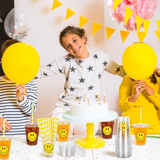 Whaline 50Pcs One Happy Dude Smile Face Disposable Plastic Cups with Lid and Straws 12oz Happy Face Party Cups Cold Beverage Drinking Cup for Fall Birthday Baby Shower Wedding Party Supplies