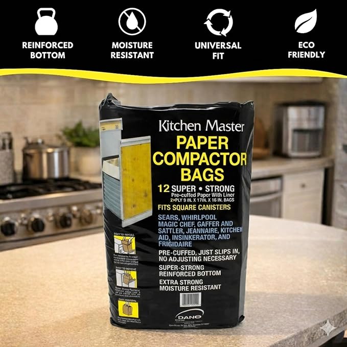 Kitchen Master Super Strong Compactor Bags (48 Pack) | Precuffed, Garbage Compactor Bags, Hardware for Kitchens, Paper Trash Bag, Kitchen Essential, Paper & Plastic Lined