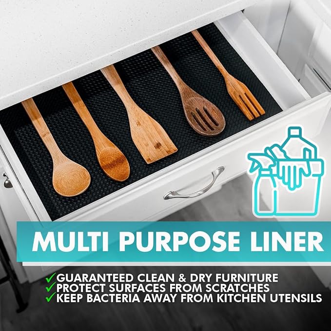 Kitchen Drawer Liners Shelf Liners for Kitchen Cabinets - Truly Non Slip, Non Adhesive Kitchen Cupboard Liners - Easy Cut/Fit, Protect Any Shelves, Wardrobe, Bathroom Surfaces (Black, 30 x 900cm)