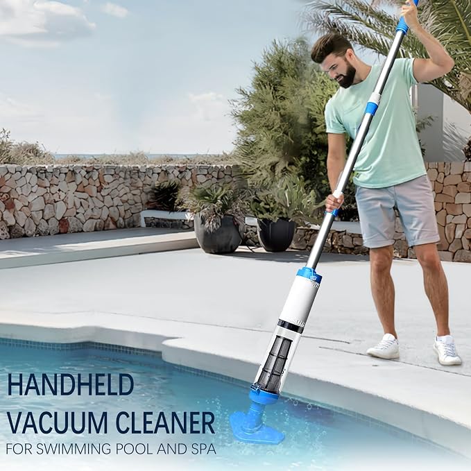 3 in 1 Cordless Rechargeable Swimming Pool Vacuum Head, Telescopic Pole Handheld Pool Cleaner for Spas, Inground Pool, Above Ground Pool and Hot Tubs, Cleaning Sand and Debris