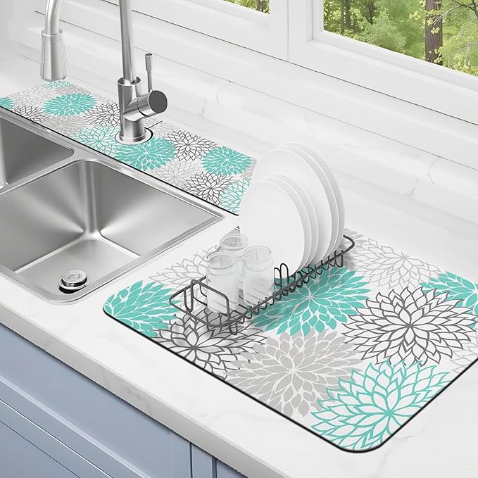 Dish Drying Mat for Kitchen Counter Matt, 2PCS 23"x15" Dish Drainer Mat & 24"x5.5" Sink Splash Guard, Super Absorbent Non-slip Rubber Backed