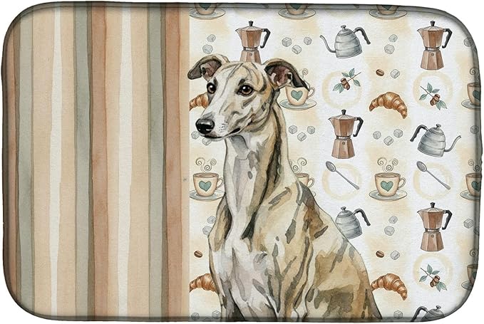 Caroline's Treasures Brindle Whippet Coffee Bar Dish Drying Mat Absorbent Dish Drying Mat Pad for Kitchen Counter Dish Drainer Mat for Countertop, 14 x 21", Multicolor