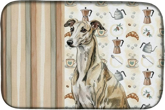 Caroline's Treasures Brindle Whippet Coffee Bar Dish Drying Mat Absorbent Dish Drying Mat Pad for Kitchen Counter Dish Drainer Mat for Countertop, 14 x 21", Multicolor