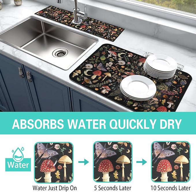 Dish Drying Mat for Kitchen Counter Matt, 2PCS 23"x15" Dish Drainer Mat & 24"x5.5" Sink Splash Guard, Super Absorbent Non-slip Rubber Backed
