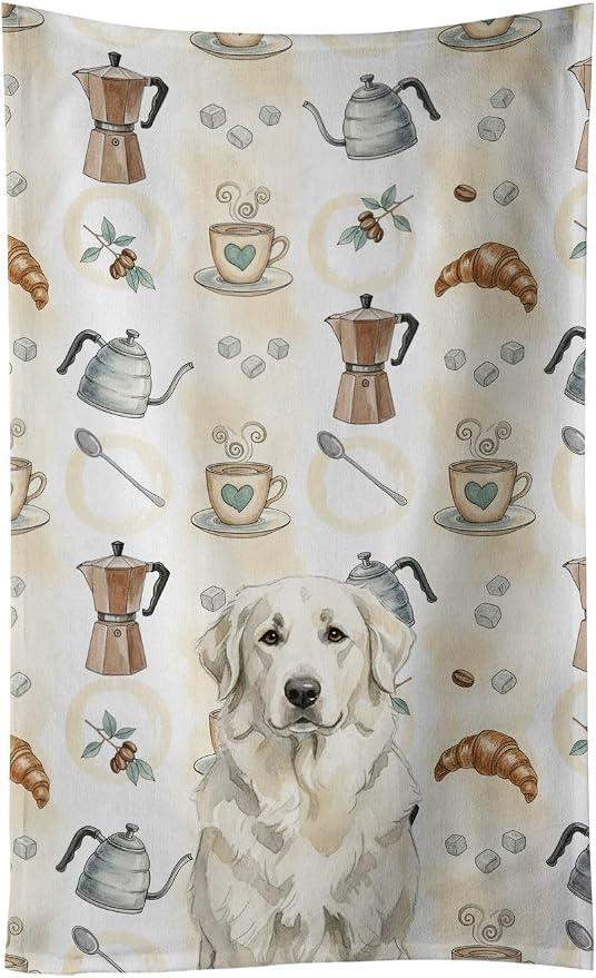 Caroline's Treasures White Great Pyrenees Coffee Bar Kitchen Towel Velour Plush Front and Cotton Loop Back Machine Washable