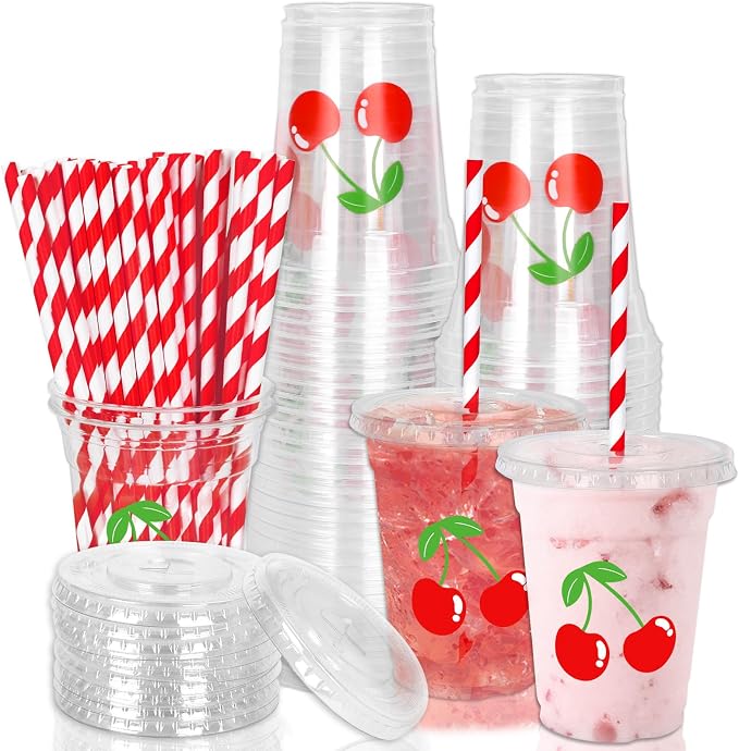 Whaline 50 Pcs 12 Oz Cherry Disposable Plastic Cups with Lids and Straws Cute Red Cherry Cold Beverage Drinking Cups Summer Cherries Party Cup for Bridal Engagement Birthday Baby Shower Party Supplies
