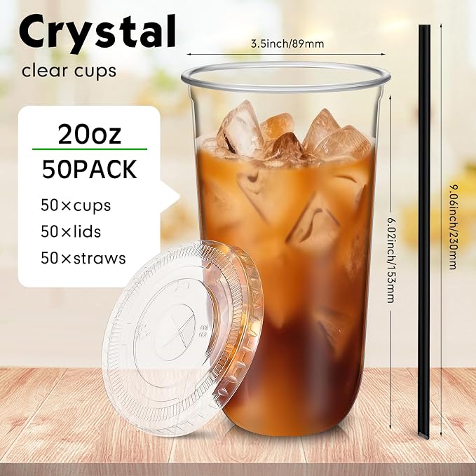 Ziliny 50 Set Clear Plastic Cups with Lids and Straws, Disposable Iced Coffee PET Cups for Drinking Cold Beverage Juice Parfait Smoothie Milkshake Coffee Shops Party Supplies (20 oz)
