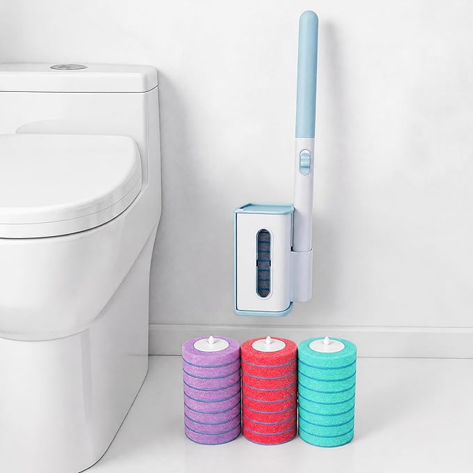 Disposable Toilet Brush, Wall Mount Holder Set with 24 Refill Brush Heads | Hands Free Toilet Brush with One-Button Release, Bathroom Cleaning Set for RV & Small Bathroom, 3 Mixed Scent Refill Heads