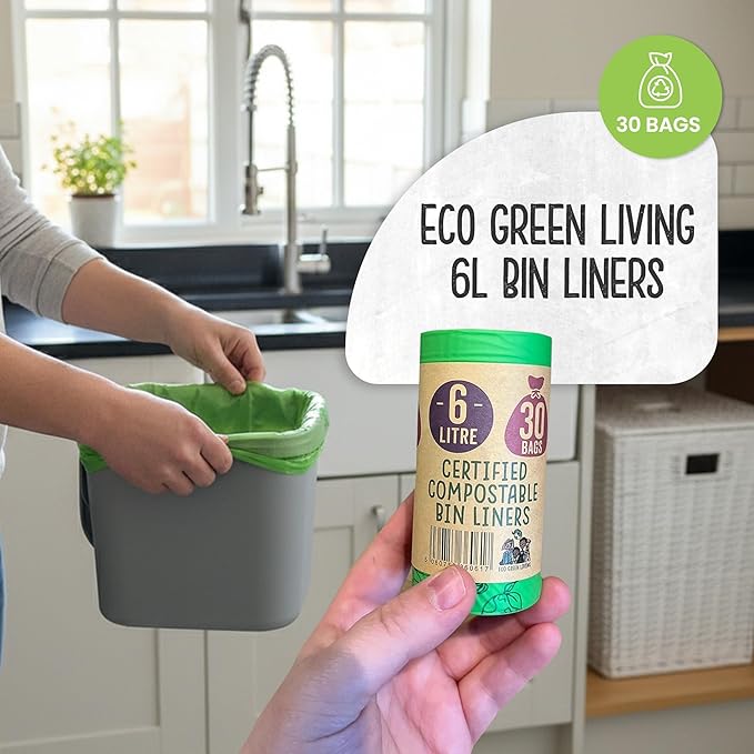Eco Green Living 6 Litre Compostable Bin Liners – Plastic Free & Recyclable Caddy Bags for Food Waste, Leak Resistant Small Bin Liners, 36 x 66 cm - Quad Pack (120 Bags)
