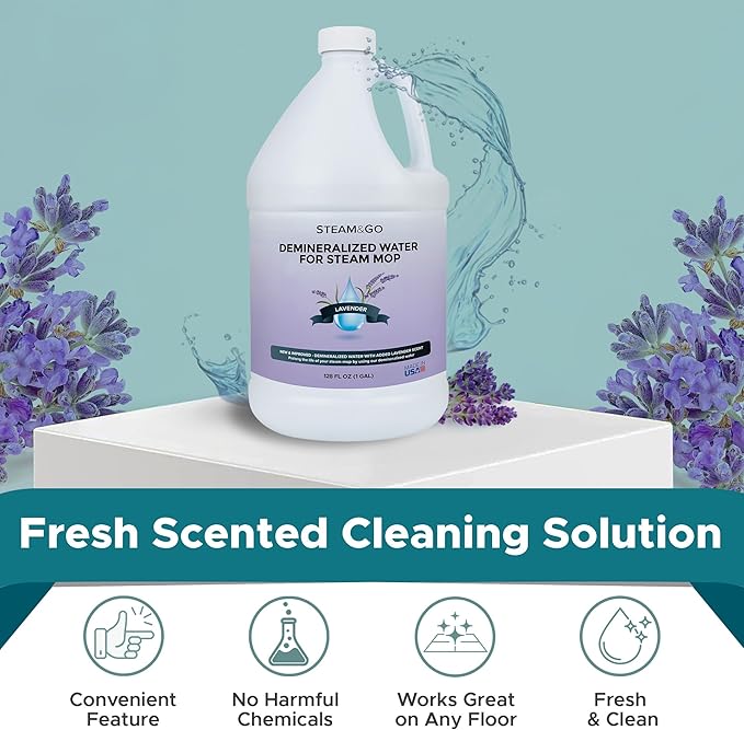 Steam & Go Demineralized Water for Steam Cleaner - PVC-Free Floor Cleaning Solution Compatible for All Steam Mops - Multi-Surface Cleaner for Home Surfaces - Lavender Scent, 128 Fl oz
