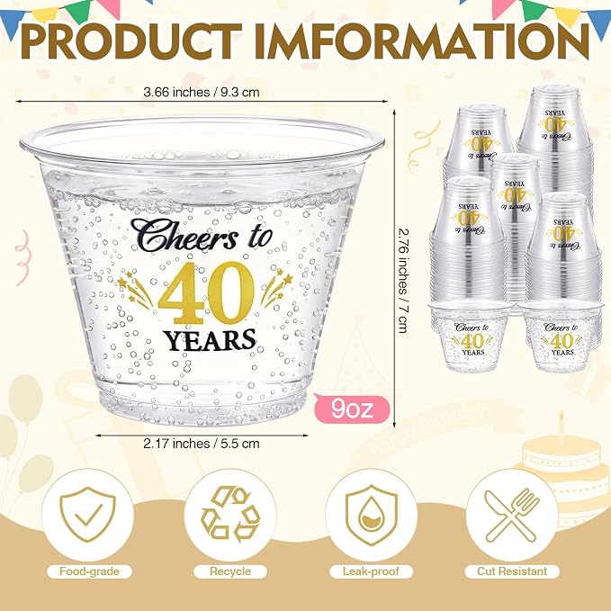 LemonRoad 100 Pack 40th Birthday Cup 9 oz Cheers to 40 Years Birthday Disposable Clear Plastic Cocktail Cups Hot Cold Beverage Drinks for Men Women Wedding Anniversary Decorations Party Favors