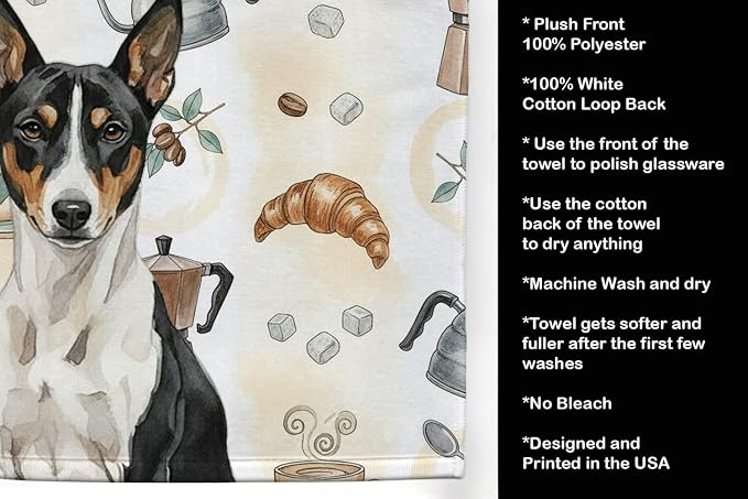 Caroline's Treasures Black and White Basenji Coffee Bar Kitchen Towel Velour Plush Front and Cotton Loop Back Machine Washable