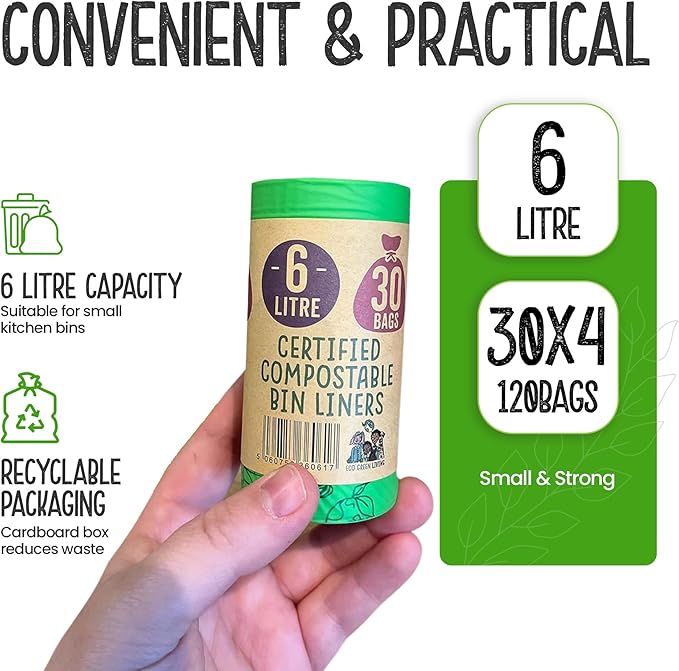 Eco Green Living 6 Litre Compostable Bin Liners – Plastic Free & Recyclable Caddy Bags for Food Waste, Leak Resistant Small Bin Liners, 36 x 66 cm - Quad Pack (120 Bags)