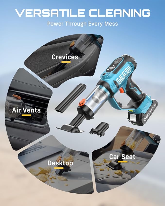 SEESII Cordless Tire Inflator Portable Air Compressor, 21V 150PSI Fast Inflation Handheld Air Pump with 20000Pa Vacuum, Dual Rechargeable Battery, Auto Shut Off, Digital Gauge, LED Light for Car, Bike