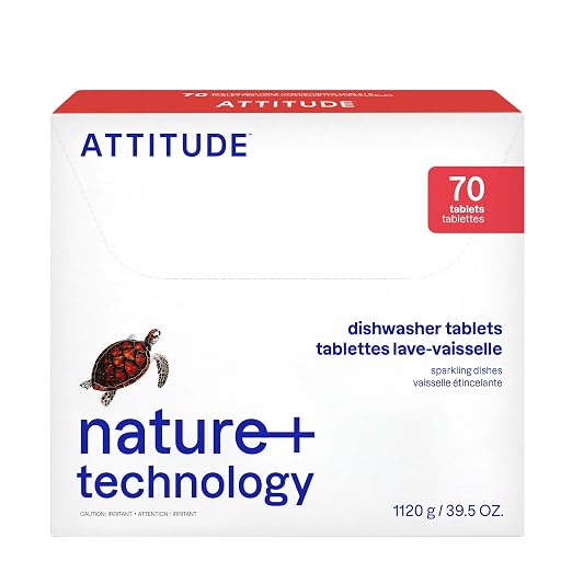 ATTITUDE Dishwasher Pods, Plant-Based & Vegan, Phosphate-Free Detergent Tablets, Naturally Derived, Unscented, 70 Count