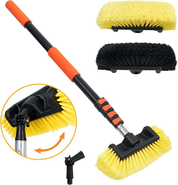 16FT Car Wash Brush with Long Handle Aluminium Telescoping Pole Angle Adapter with 2 Pcs 12" Soft and Hard Bristle Scratch-Free for Cleaning Car Truck RV House Floor Window Roof Solar Panels