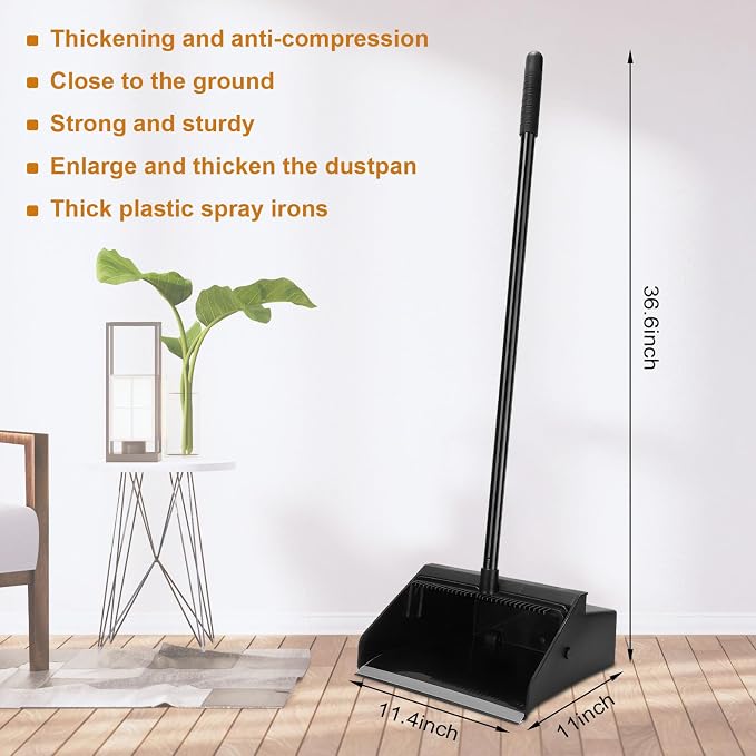 Leumoi 12 Pcs Dust Pans with Long Handle Set 36.6 Inch Commercial Dust Pan with Comb Large Plastic Stand up DustPans for Outdoor Indoor Restaurant Home Office Floor Cleaning (Black)
