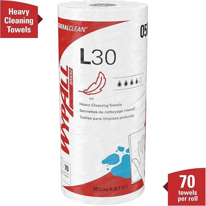 WypAll GeneralClean L30 Cloths Heavy Duty Cleaning Wipes (05843), Strong and Soft Bulk Paper Wipers, White (70 Sheets/Roll, 24 Rolls, 1,680 Sheet Total)