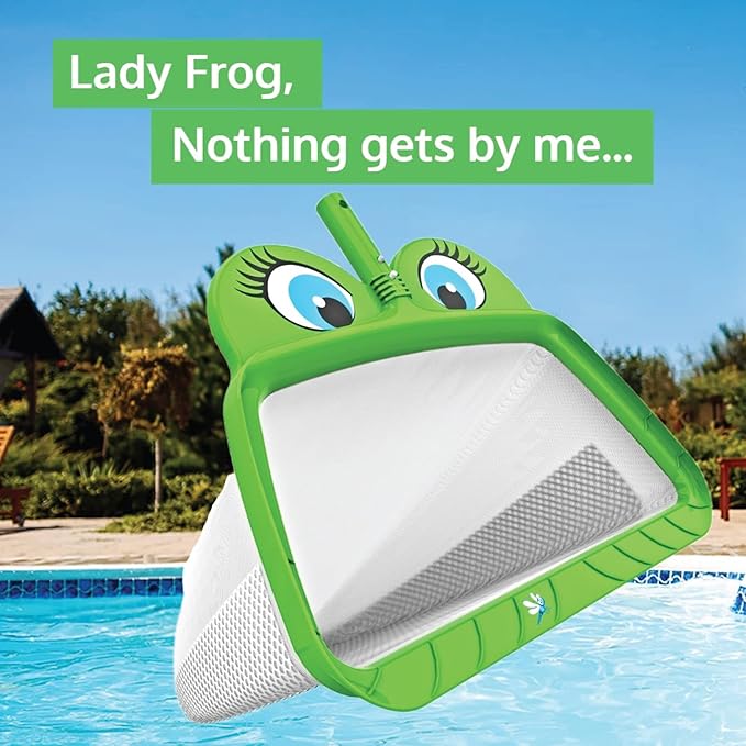 The Skimmie Ms. Frog Large Leaf Rake - 20" Wide Big Mouth Pool Leaf Skimmer Net for Deep Cleaning of Debris in Above Ground and In Ground Swimming Pools, Spa Hot Tubs, and Ponds
