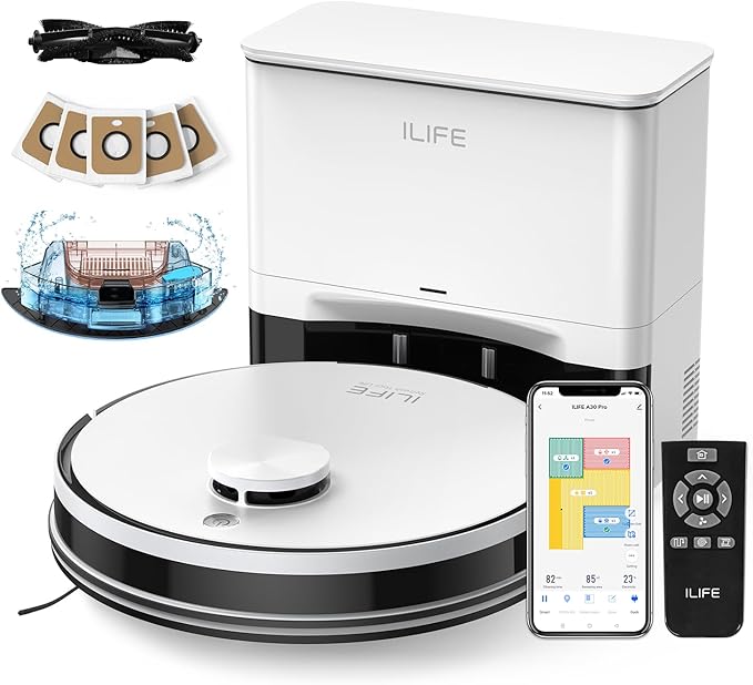 ILIFE A30 Pro Robot Vacuum and Mop Combo, Self Emptying Robot Vacuum Cleaner + Replacement Mop Cloths, 5 Pack Included