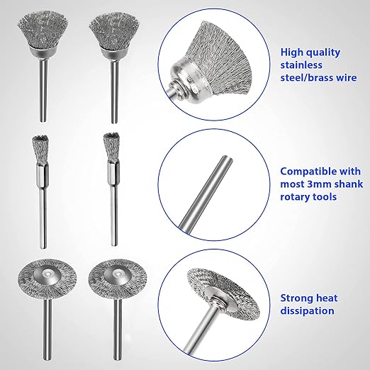 120 Pcs Rotary Tool Wire Brush, Steel Wire Wheels Pen Brushes Set Kit Accessories for Rotary Tool-1/8(3mm) Shank