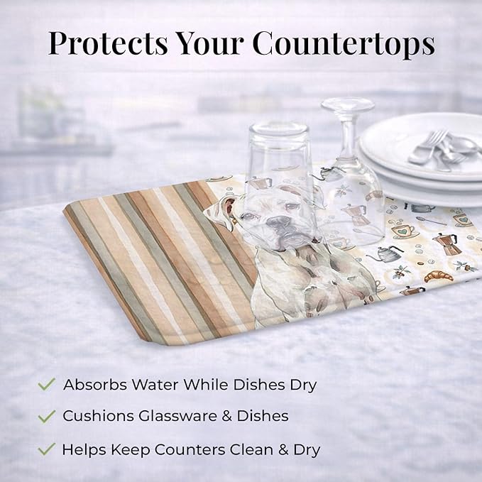Caroline's Treasures White Boxer Coffee Bar Dish Drying Mat Absorbent Dish Drying Mat Pad for Kitchen Counter Dish Drainer Mat for Countertop, 14 x 21", Multicolor