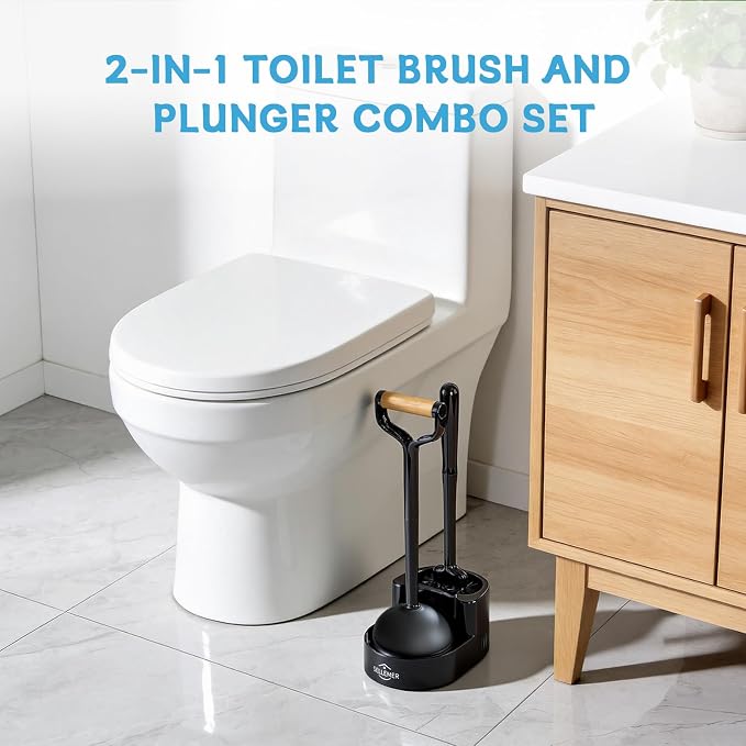 Sellemer Toilet Brush and Plunger Set, Curved Design Head for Deep Cleaning, Heavy Duty Toilet Bowl Brush and Plunger Combo with Holder for Bathroom Cleaning, Black, 1 Pack