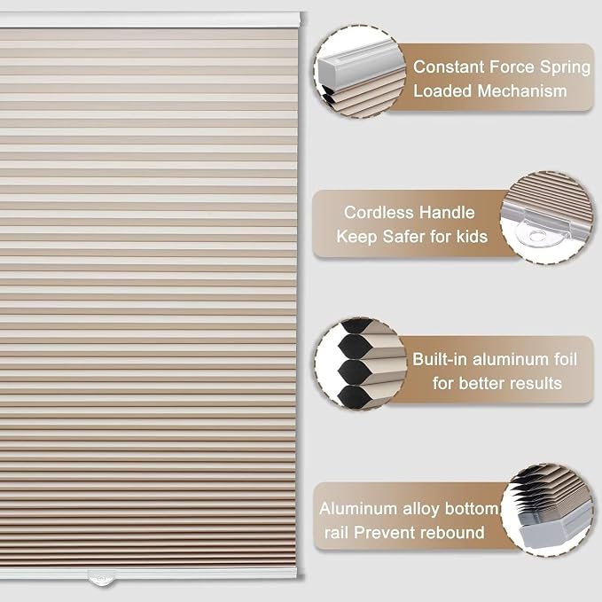 MYshade Cordless Blackout Cellular Shades, 1.5" Honeycomb Window Blinds for Bedroom & Nursery, Thermal Insulated, Noise Reducing, Privacy Shades, Inside or Outside Mount (23" W x 64" H, Beige)