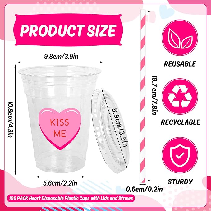 FYSUIMU 100Pcs Valentine's Day Plastic Cups with Lids and Straws 12oz Conversation Heart Disposable Candy Conversation Heart Cold Beverage Drinking Cup for Valentines Wedding Birthday Party Supplies
