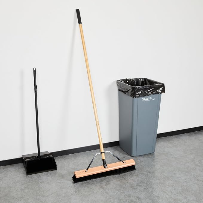 Restaurantware-Clean Tek Professional 24 Inch Push Broom, 1 Heavy-Duty Broom with 60” Handle - Fine Plastic Bristles, Durable, Wooden, Commercial Use, for Deck, Driveway, Garage, Yard, Patio