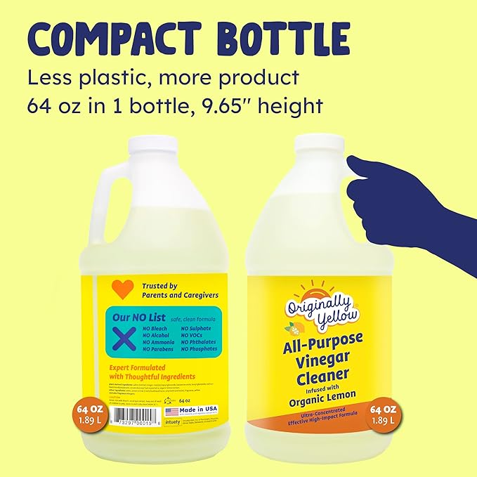 Originally Yellow Lemon Vinegar For Cleaning Purpose | USA Made All Purpose Cleaner | Use as a Floor, Glass, Kitchen, & Bathroom Cleaner | Plant Derived Vinegar Half Gallon | 64 Oz