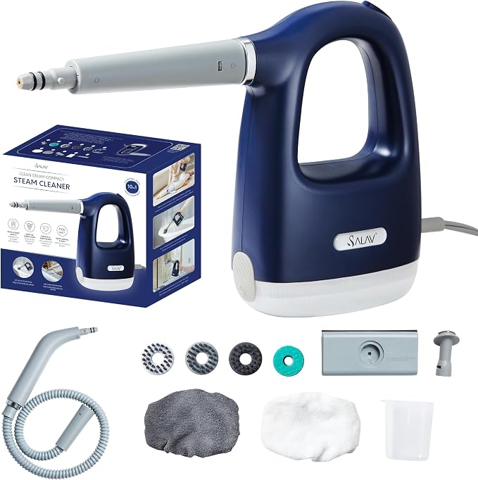 SALAV® CleanSteam Compact Steam Cleaner Pressurized Multi-Surface Handheld Steamer w/11pc Accessories, Safety Lock No-Drip Fast Heat Time Unlimited Use, for Cleaning Windows, Tiles, Grout, Car (Navy)