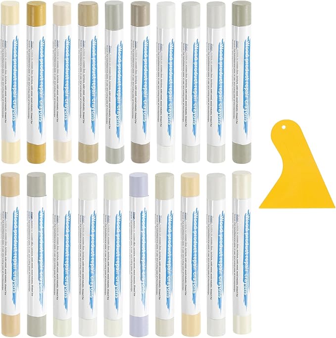 uxcell 20Pcs Wood Filler Sticks, Furniture Scratch Repair Wax Crayons Furniture Touch Up Markers Wood Repair Wax Kit with Spatula for Furniture, 20 Colors White & Light Series
