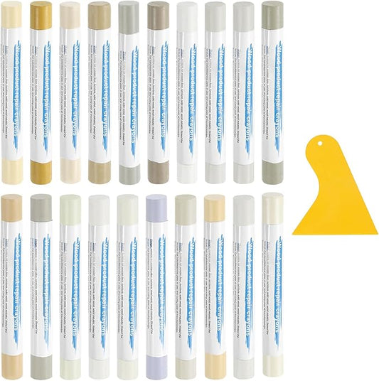 uxcell 20Pcs Wood Filler Sticks, Furniture Scratch Repair Wax Crayons Furniture Touch Up Markers Wood Repair Wax Kit with Spatula for Furniture, 20 Colors White & Light Series
