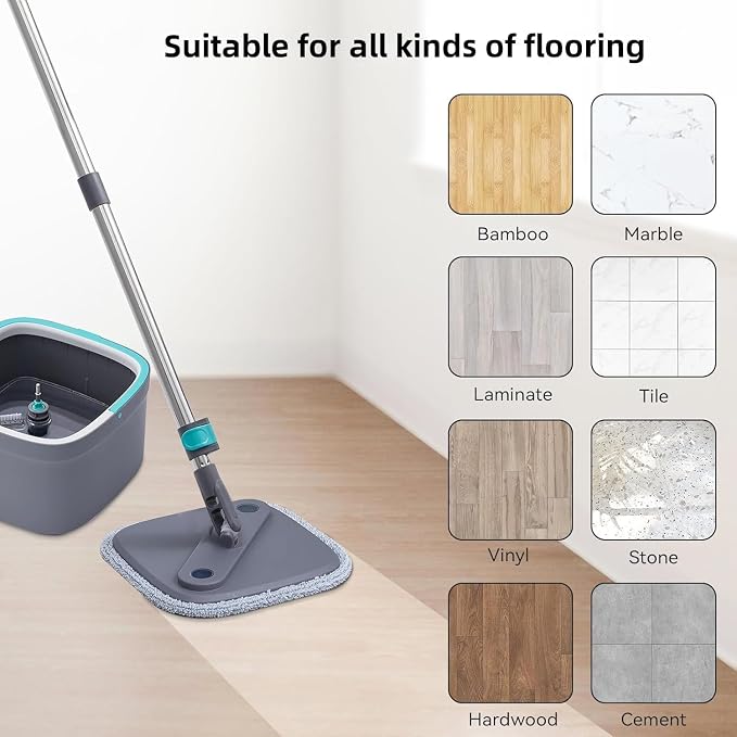 True & Tidy Spin Mop and Bucket System Deluxe with Silicone Sweeper Mop Head and 4 Machine Washable Microfiber Mop Pads