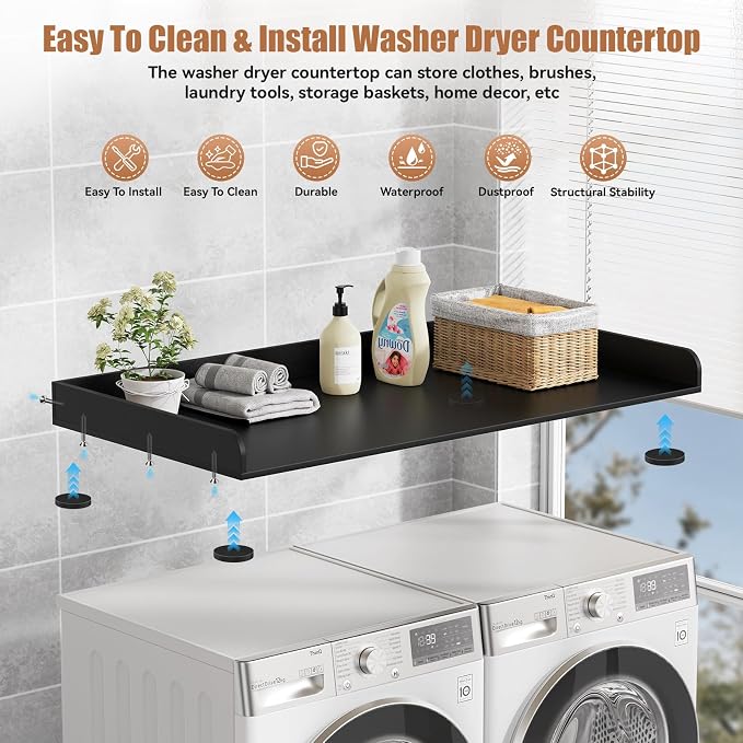 Washer Dryer Countertop, 27.5" D x 54" W Washer and Dryer Topper Covers with Edge Rails, Wood Laundry Room Countertop Shelves for Laundry Room Organization and Storage (Black)