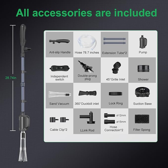 Electric Aquarium Gravel Cleaner,Strong Flow, Multifunctional Water Changer & Filter, Adjustable Silent Motor, Telescopic Tube for Low Water Level & All Tanks（36W,580GPH