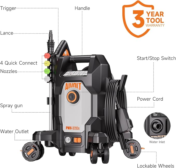 AIVOLT 4800PSI Electric Pressure Washer, Portable Power Washer with Anti-Tipping 4-Wheel Design, 36FT Cable & 25FT Hose, 4 Nozzles, Soap Tank for Cars, Driveways, Fences, Patios & Home