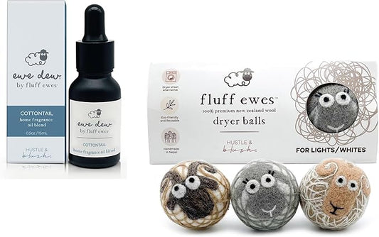 Fluff Ewes Premium Handmade New Zealand Reusable Wool Dryer Balls for Laundry & Baby + Ewe Dew Home Fragrance Aromatherapy Dryer Ball Essential Oil Blend, 2 Pack, Light + Cottontail 0.5oz