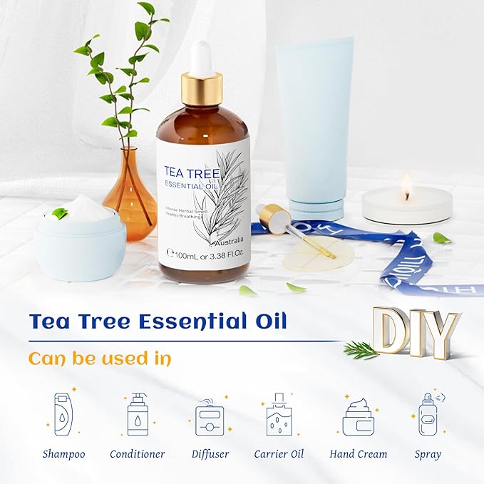 HIQILI Tea Tree Oil for Skin, Hair, Toenail, Add to Shampoo, Body Wash, Foot Soak - 3.38 Fl Oz