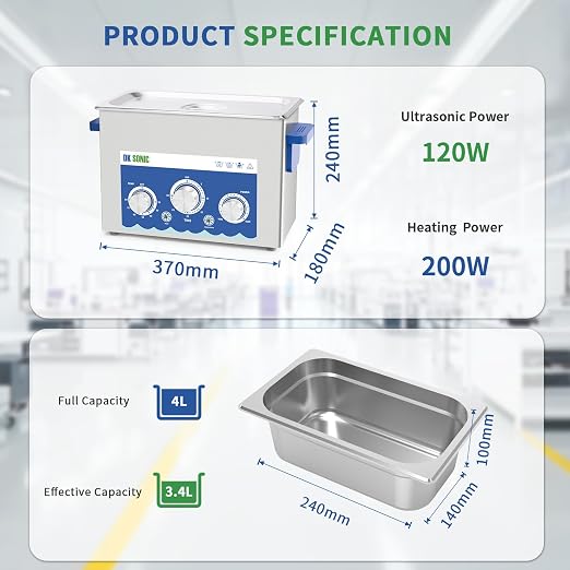 DK SONIC Industrial Ultrasonic Cleaner 4L 120W, Ultrasonic Jewelry Cleaner with Power Adjustable Function, Timer and Heater for Coins, Glasses, Necklaces, Watches Cleaning(Include Basket)