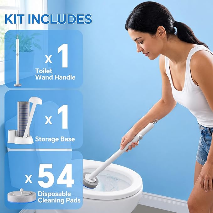 Spreezy Disposable Toilet Brush Cleaning Set, Touch-Free Toilet Wand Kit with 54 Refills & Holder, Disposable Toilet Bowl Cleaner Wand for Bathroom Cleaning