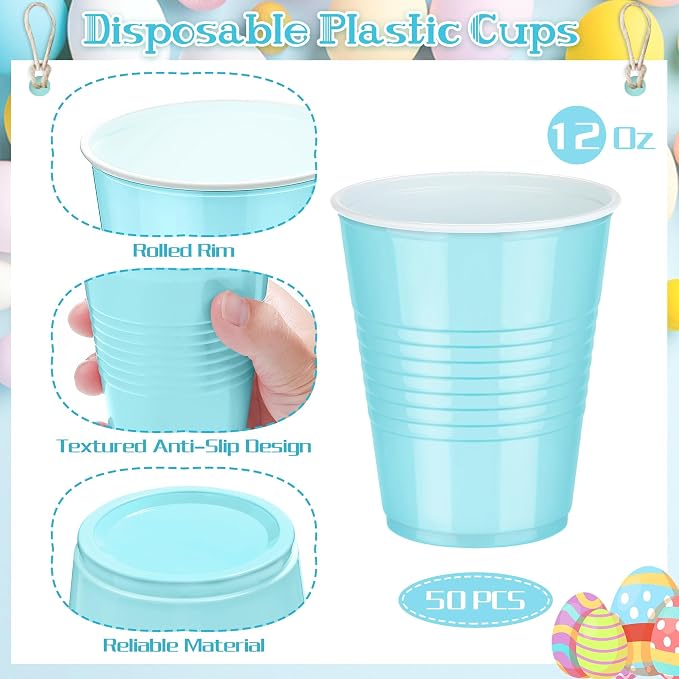 Kochorie 50 Pack Disposable Plastic Cups 12 Ounce Drinking Party Cups Bulk Party Cups for Spring Easter Parties Wedding Birthday Graduation Picnics Events, Pastel Rainbow
